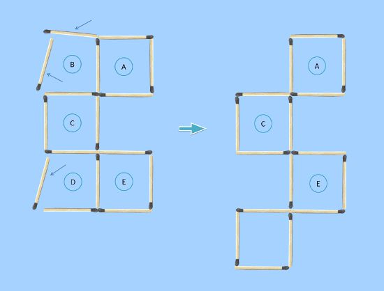 Move 3 matches to make 4 squares from 5 squares matchstick puzzle second solution