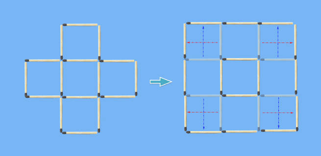 5 squares to 2 squares in 8 stick moves puzzle solved intuitively