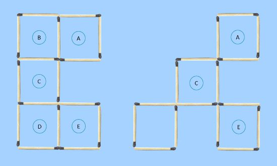 Move 3 matches to make 4 squares from 5 squares matchstick puzzle comparing with possible final solution second trial