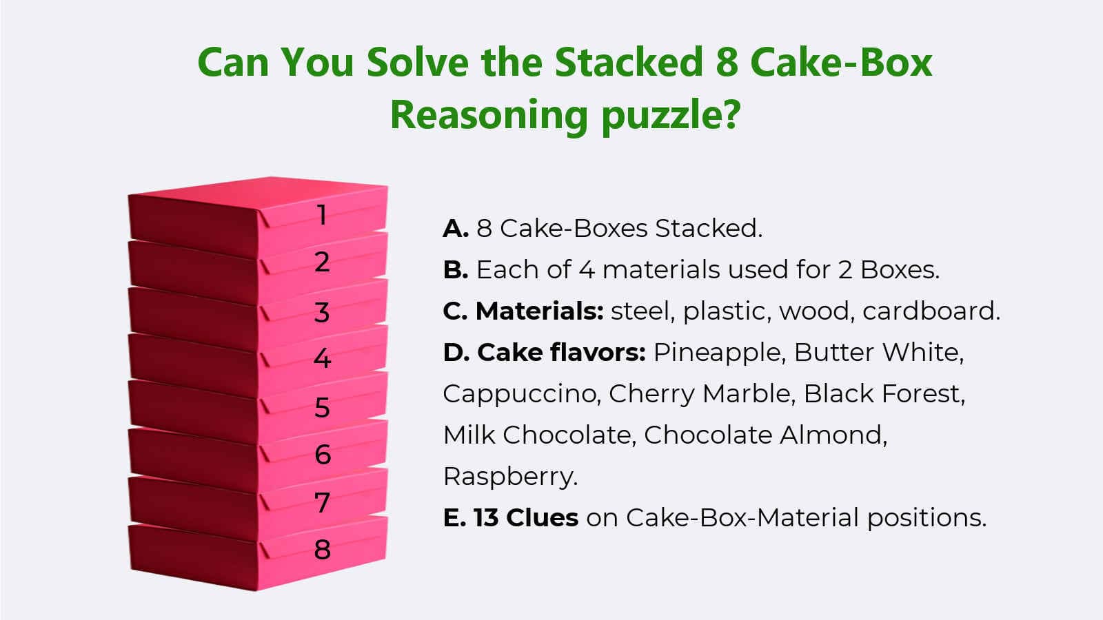 Stack of 8 Cake-Box Positioning Reasoning Puzzle