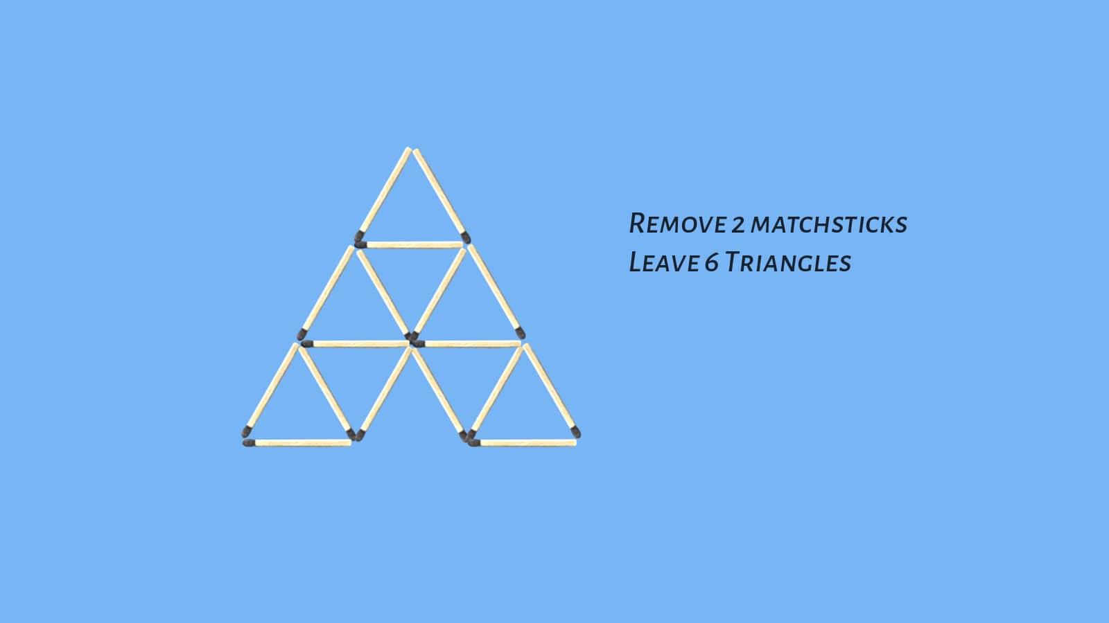 Matchstick triangle puzzle: Remove 2 sticks to leave 6 triangles