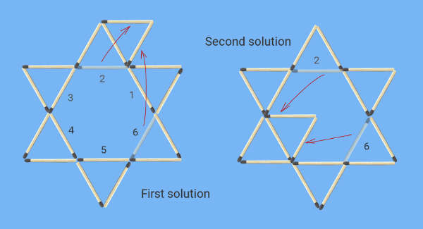 Matchstick star puzzle - Move 2 matches to form 6 triangles puzzle solutions 1-2