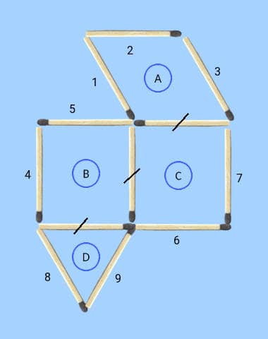 Move 2 sticks to make 5 matchstick shapes matchstick puzzle labelled components