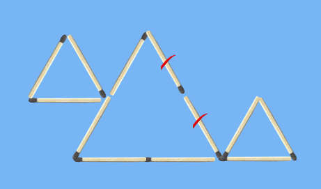 Move 3 matches to form 2 large and 1 small triangle puzzle 2 marked sides
