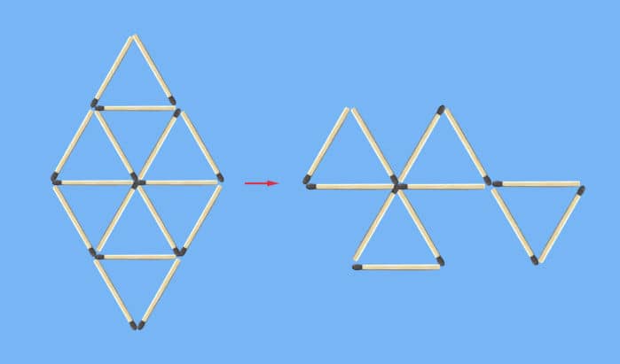 Move 4 matches to leave 4 equal triangles puzzle: initial figure and candidate figure