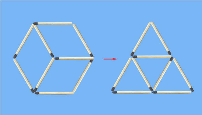 Move 4 matches to make 5 triangles puzzle: Initial and final figures