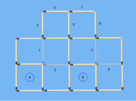 Remove 5 matches to leave 5 squares matchstick puzzle first two steps of trial