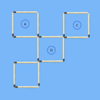 second solution to 5 squares to 4 squares in 3 stick moves 3rd puzzle