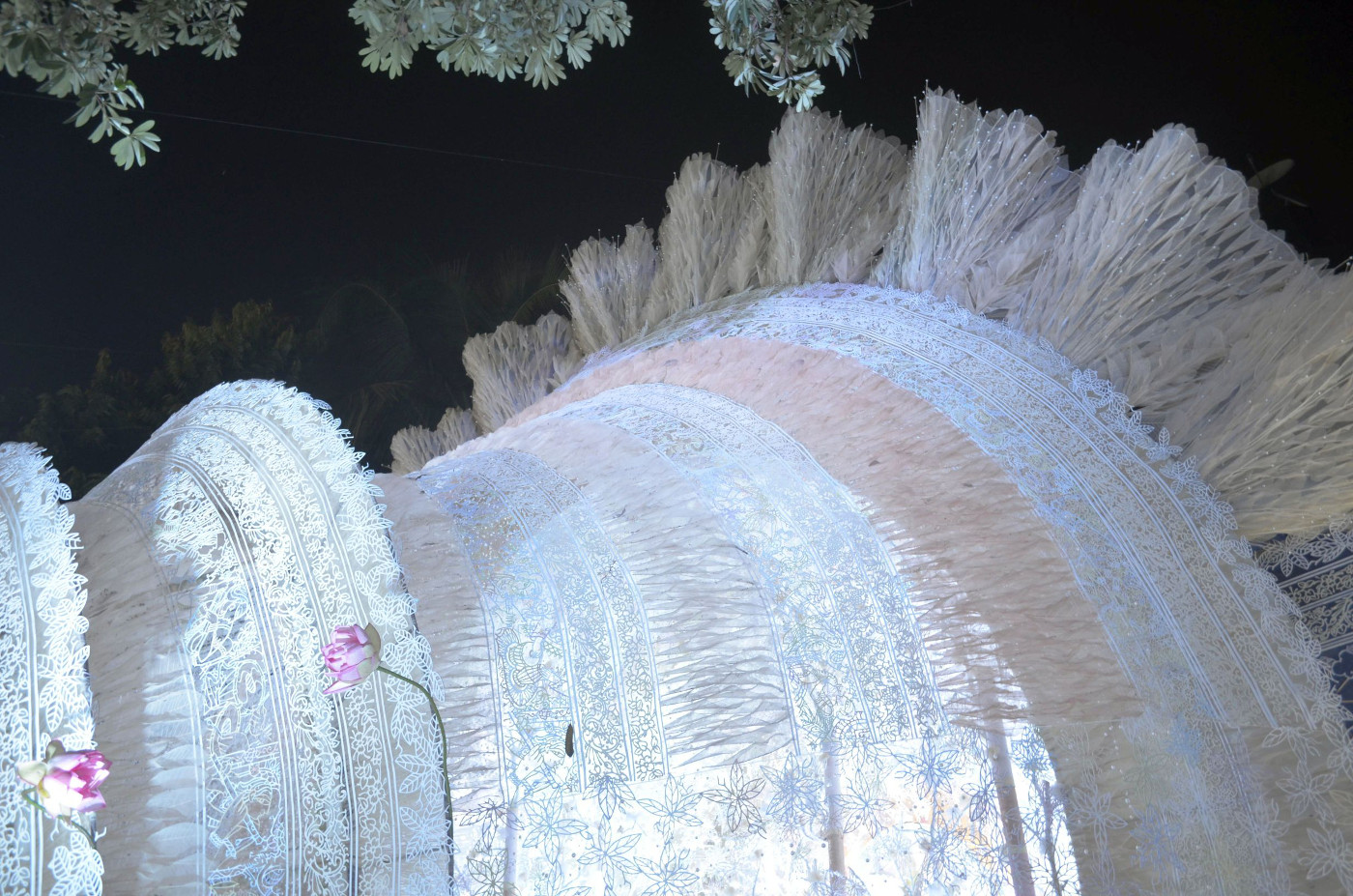 Giant white cone under chhatim tree, Kolkata Durga Puja 2015